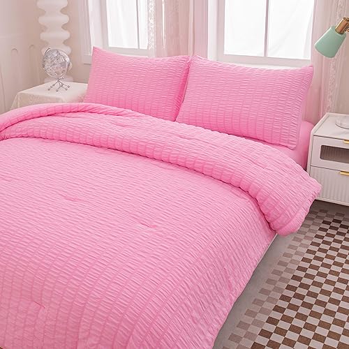 Miniatura 2 de Yadangxiawa Juego de edredón de sirsaca rosa de 5 piezas para cama individual en una bolsa, edredón ligero de microfibra para todas las estaciones,