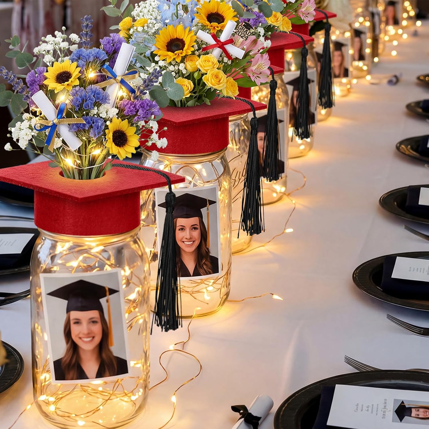 Boao 16 Sets Graduation Table Decoration Set with LED Light up Graduation Decorations for Class of 2026, Grad Jar, Felt Grad Hat and Stickers for High School College(Red,Lovely)