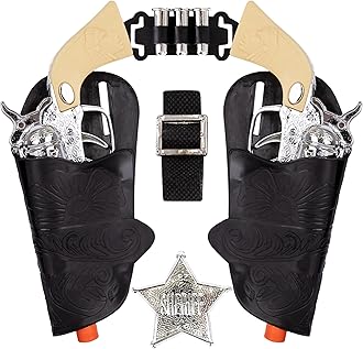 ArtCreativity Cowboy Toy Gun Holster and Belt 9 Piece Set for Kids. 2 Toy Pistols, 1 Sheriff Badge, 2 Gun Holsters, and 3 Play Bullets, 1 Adjustable Belt, Old Western Action Belt for Sheriff