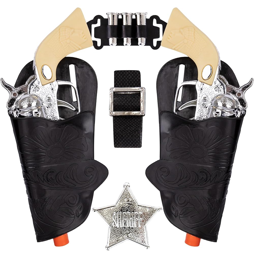 ArtCreativity Cowboy Toy Gun Holster and Belt 9 Piece Set for Kids. 2 Toy Pistols, 1 Sheriff Badge, 2 Gun Holsters, and 3 Play Bullets, 1 Adjustable Belt, Old Western Action Belt for Sheriff