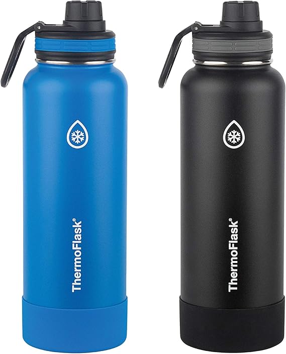 Thermoflask Stainless Steel 40Ounce Water Bottle with Spout Lid and Bumper (Blue/Grey), 2Pack