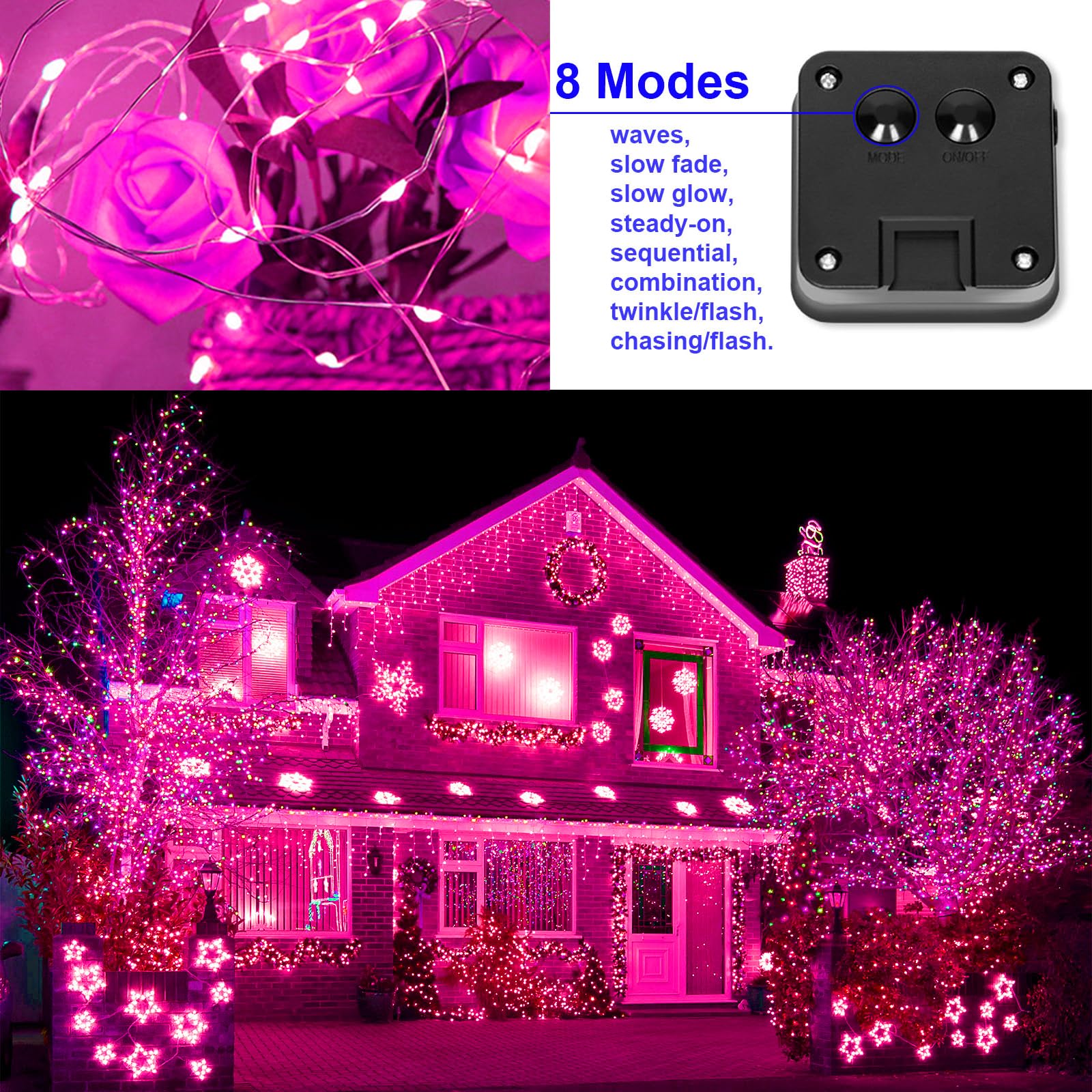 Guirnalda de luces solares de Navidad rosa para exteriores, impermeable, 100 LED (paquete de 2) 8 modos de cadena de luces de cobre para el día de San Valentín, jardín, patio, valla, balcón,