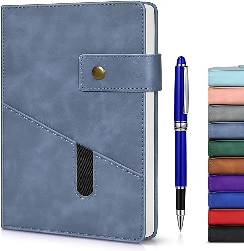 Cuaderno de cuero con forro A5 azul para hombres y mujeres, diario personalizado de tapa dura de 5.9 x 8.4 pulgadas con bolígrafo, 200 páginas de Cuaderno de cuero con forro A5 azul para hombres y mujeres, diario personalizado de tapa dura de 5.9 x 8.4 pulgadas con bolígrafo, 200 páginas de