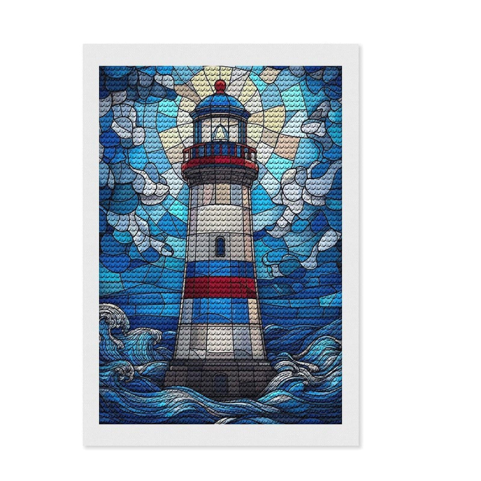 Junmoney Stained Glass Lighthouse Diamond Painting Set 8"x12", Aesthetic Room Decor, Vintage Style Decor, Creative Hobby, Decorative Artwork