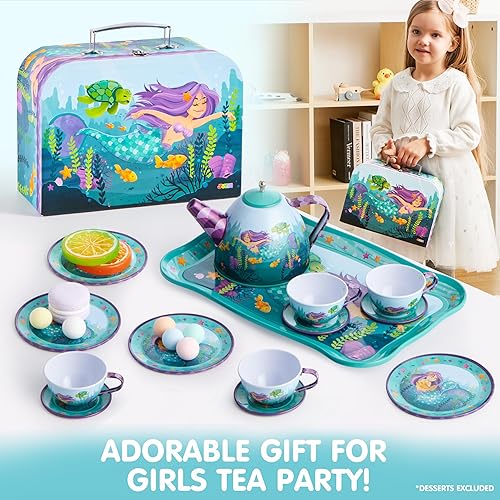 Miniatura 5 de JOYIN Juego de fiesta de té de sirena para niñas pequeñas, juego de tetera de hojalata, juguete de cocina con tetera, tazas, platos, estuche