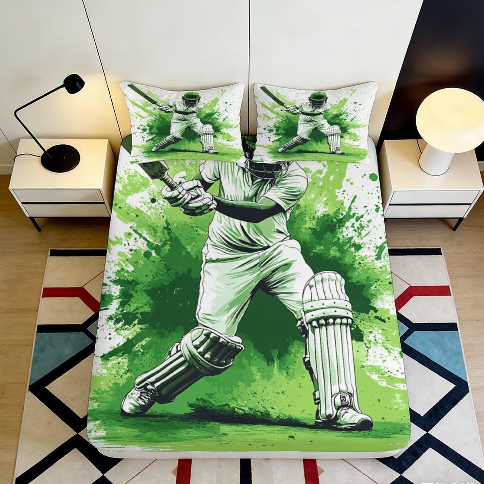 3D Printed Cricket Player Fitted Sheet Microfiber Soft Durable Green Sports Pattern Bed Cover for Bedroom Dormitory Guest Room Mattress Protection 120x200x25cm