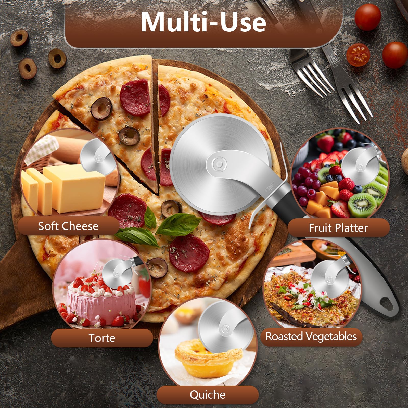 KollyKolla Corta Pizza Acero Inoxidable, 21cm, Cortador de Pizza Redondo, con Mango Ergonómico, Fácil de Limpiar, Cortapizzas Ideal para Pastel, Pan y Pasta, Diseño Profesional y Ligero