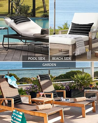 Miniatura 6 de Almohada de cabeza para tumbona al aire libre, almohada bohemia negra suave con correas elásticas e inserto, 1 cojín para reposacabezas para patio,