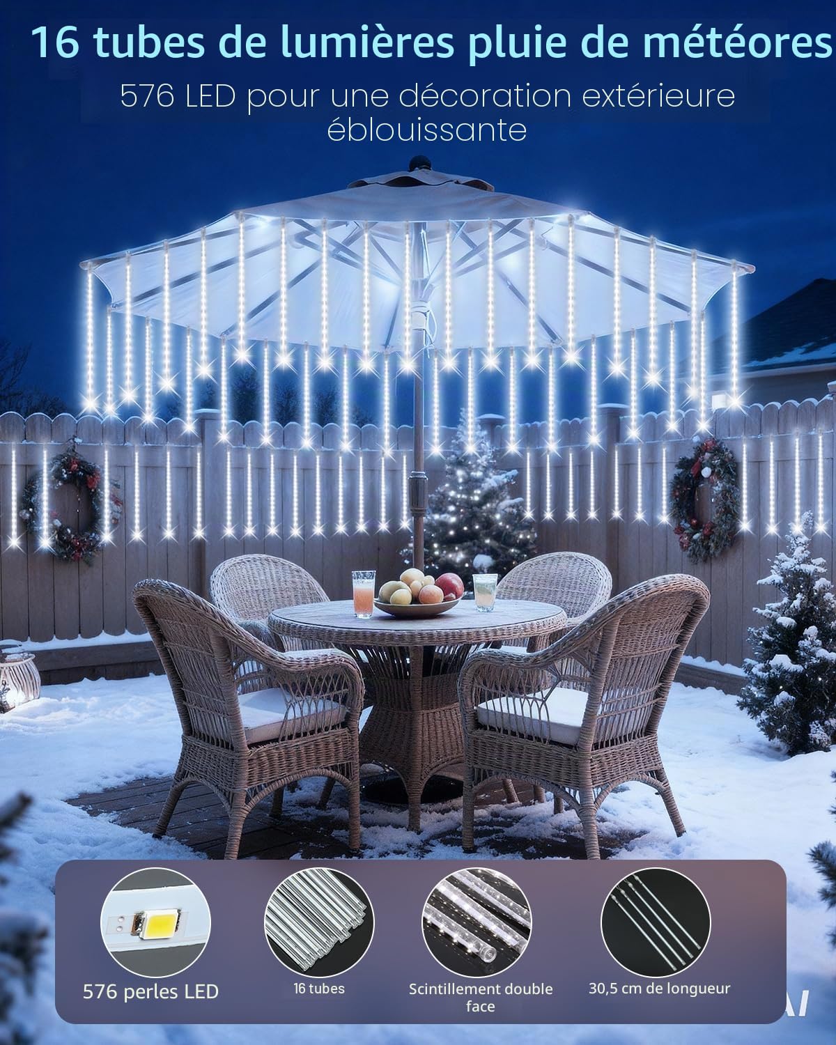 PEMOTech Guirlande Lumineuse de Noël Extérieure, 16 Tubes 40 CM 576 LED Pluie de Météores, Décoration Étanche pour Fête, Arbre, Jardin