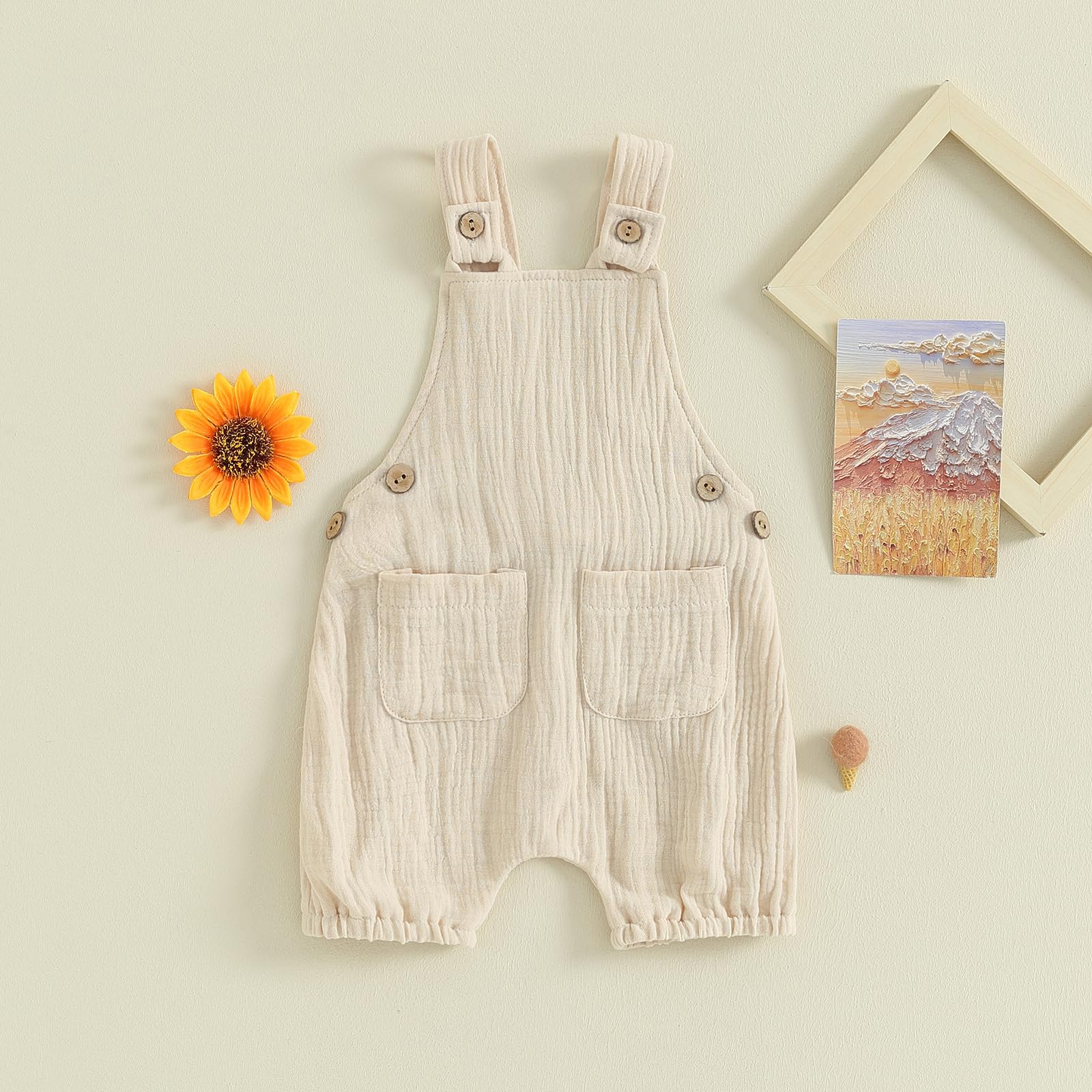 Toddler Baby Girl Boy Overalls Jumpsuit Sleeveless One Piece Suspender Shorts Onesie Unisex Romper with Pocket (Linen Apricot, 6-12 Months)