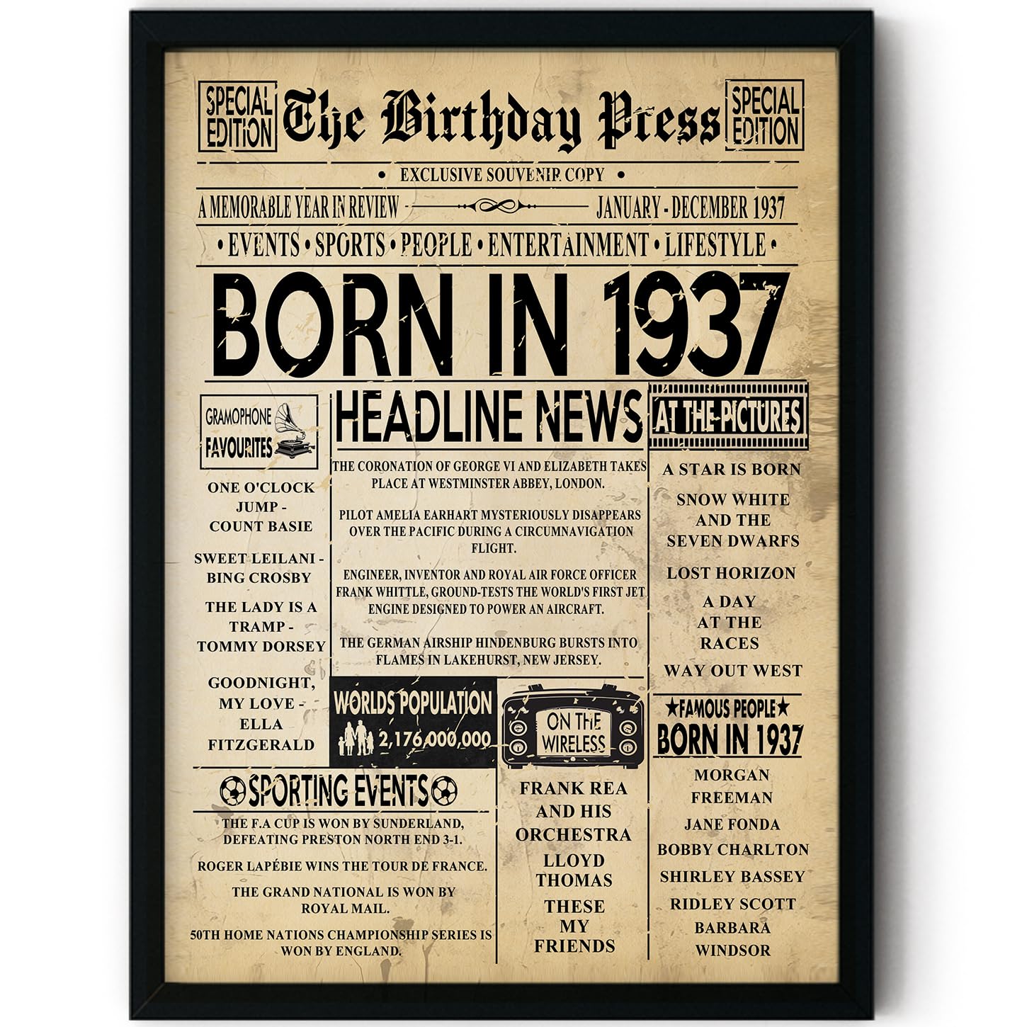 Stuff4 89th Birthday Poster Framed - Born In 1937 Vintage Newspaper - Happy 89th Birthday Gifts for Women Men Retro Back In 1937, 8x10 Inch Decor Decoration Bday Party