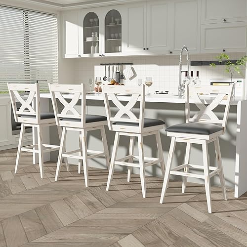 Miniatura 3 de Betterhood Taburetes giratorios de 29 pulgadas de altura, taburetes de bar giratorios con respaldo alto con asiento tapizado de piel sintética y