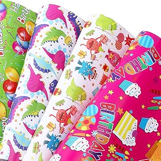 U'COVER Birthday Gift Wrapping Paper Sets Happy Birthday Greetings Theme 4 Styles Mixed Gift Wrap Papers for Gifts Box Wra...