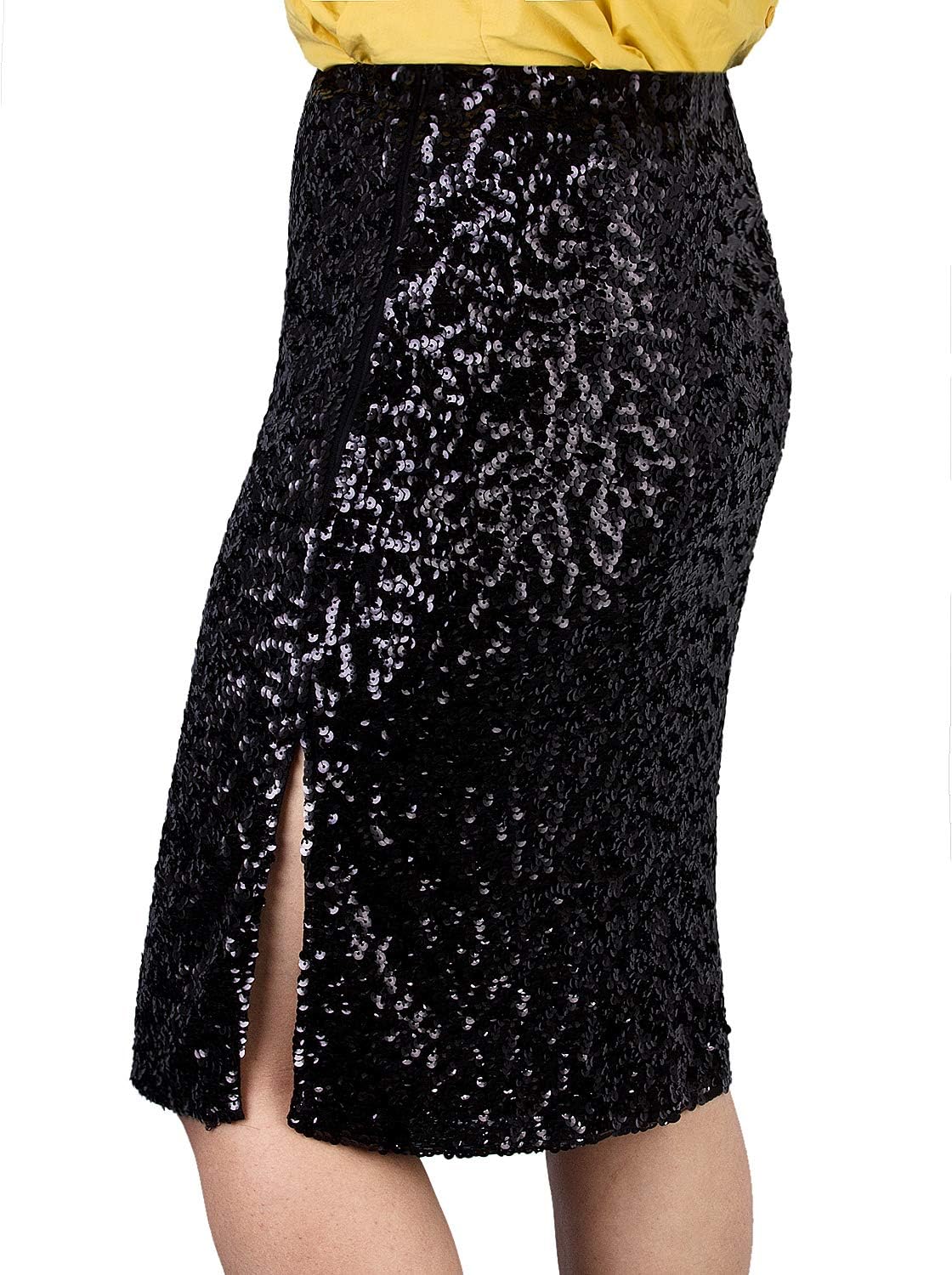 Vijiv Women's Sequin Skirt Midi High Waist Elegant Stretchy Sparkle Side Slit Pencil Skirt Party Cocktail - Image 3