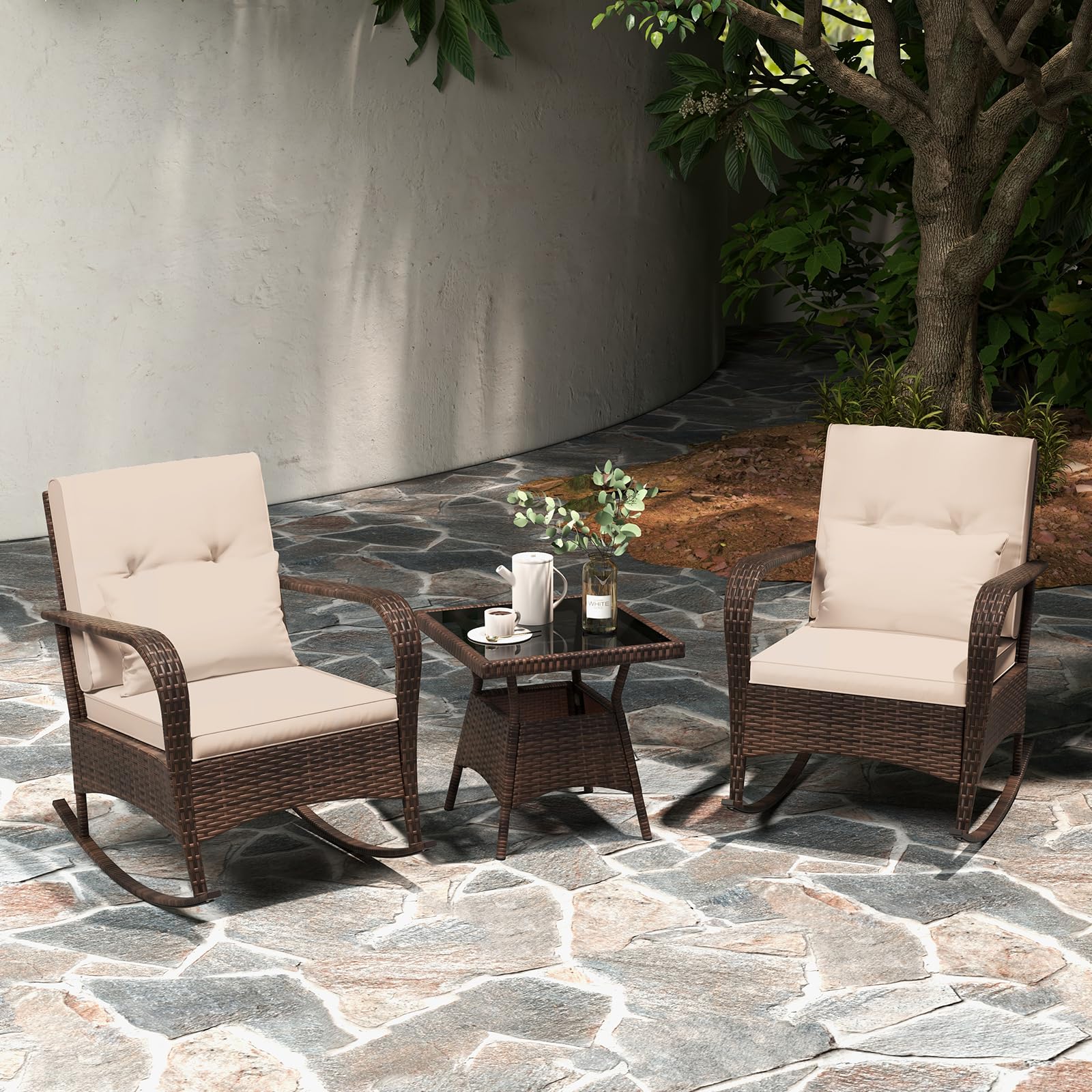 SOARS Salotto da Giardino Esterno 3 Pezzi, Set Giardino Esterno in Rattan con 2 Sedie a Dondolo e Tavolino in Vetro Temperato, Set Mobili a Dondolo da Esterno con Cucini per Cortile, Piscina, Balcone