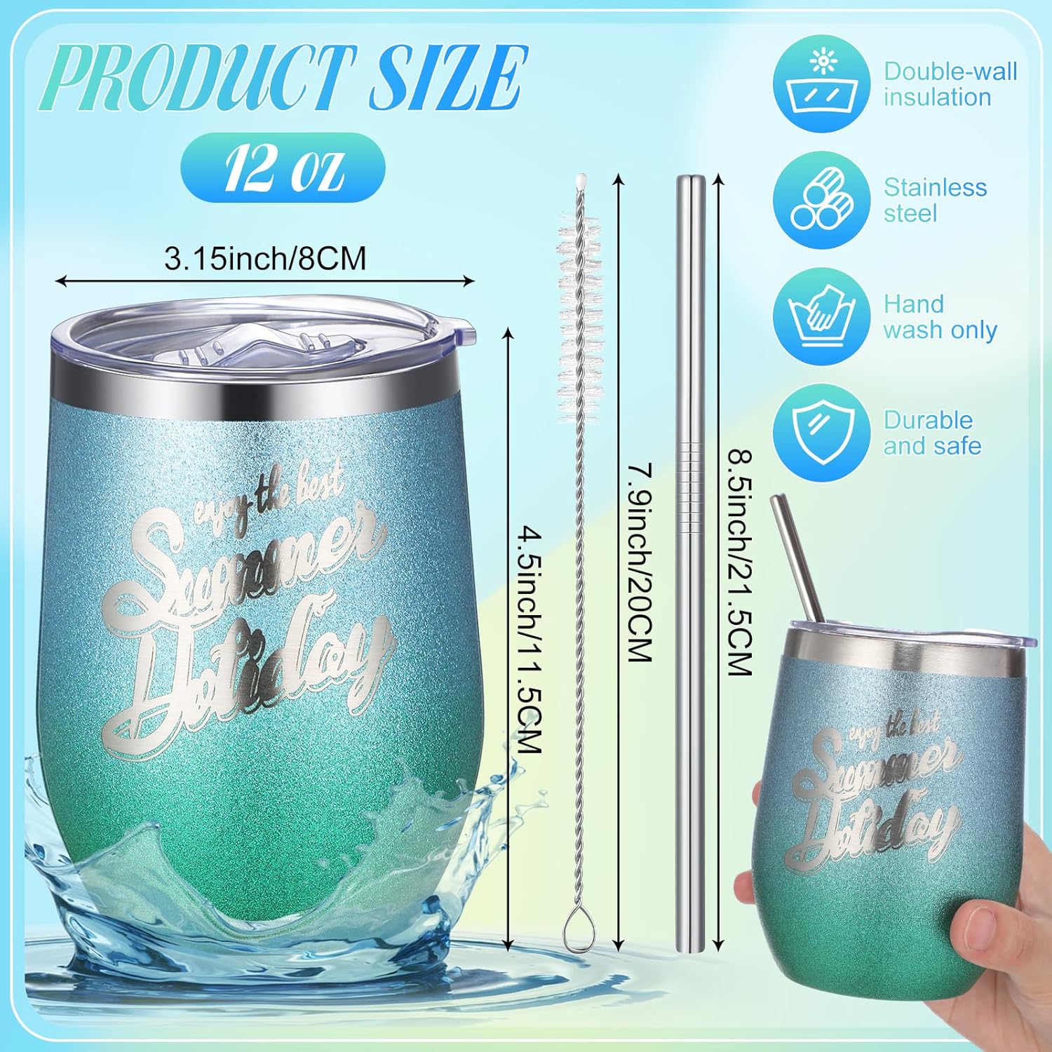Tioncy 4 Pieces 12 oz Glitter Summer Tumbler Cups Hawaii Sea Vacuum Wine Cup Insulated Stainless Steel Travel Mug Tumblers with Lid and Straw Sea Pool Party Vacation Gifts - Image 4