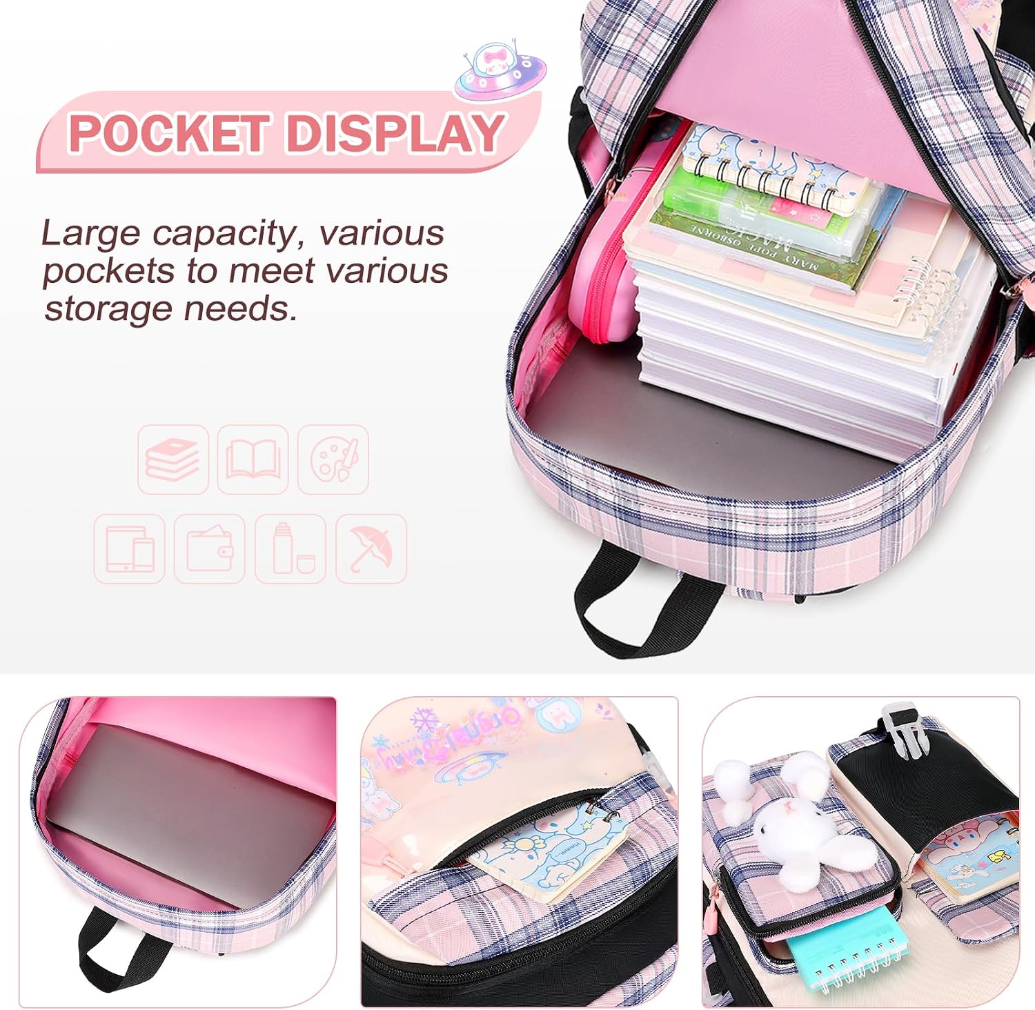 FIXITOK Girls Backpack Set, 3PCS Kids Backpacks for Girl, Kawaii Bunny School Backpack for Girls Kindergarten Elementary Preschool Middle School Bags with Lunch Box Pencil Case Blackpink-Plaid image 3