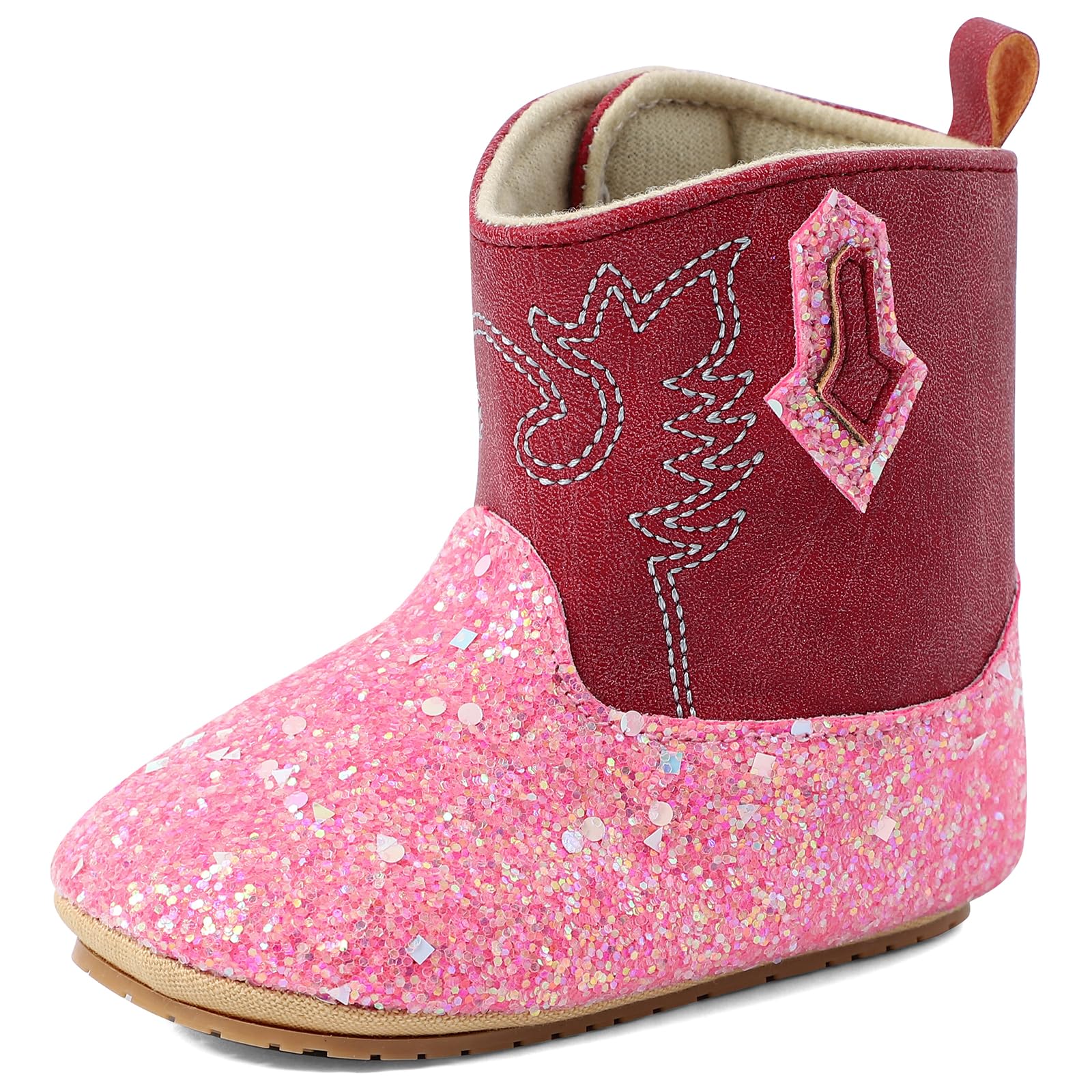 ESTAMICO Baby Girls Embroidery Western Cowgirl Boots Infant Sequin Leather Cowboy Booties Round Toe Ankle High Hook and Loop Shoes