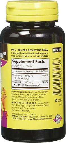 Miniatura 3 de Mason Natural Vitamina K2 100 mcg Plus D3 1000 UI comprimidos 100 unidades por botella, paquete de 3 en total 300 comprimidos