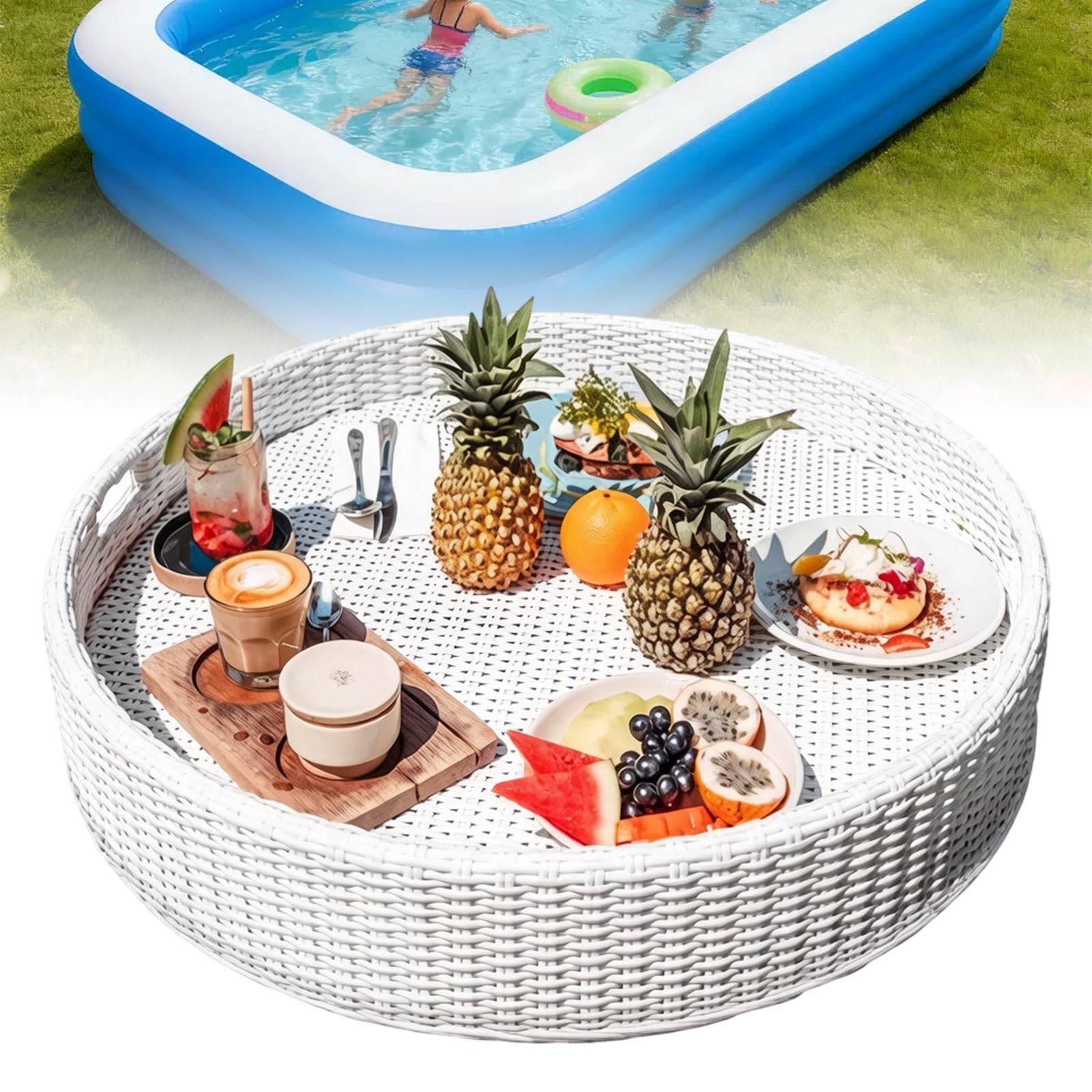 DzkZen Floating Tray for Pool,Round Rattan Woven Floating Serving Tray - Stylish & Functional Tray for Pool Serving Drinks and Brunch Moments White-60cm