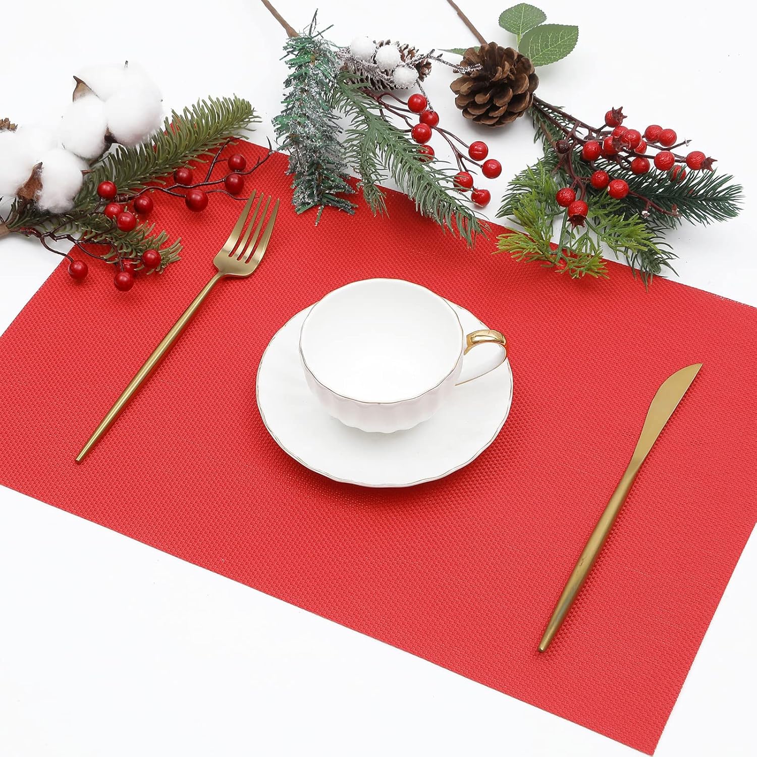 SHACOS Placemats Set of 6 Woven Vinyl Christmas Place Mats for Dining Table Wipe Clean Stain Resistant Table Mats Indoor Outdoor (6, Red) - Image 2
