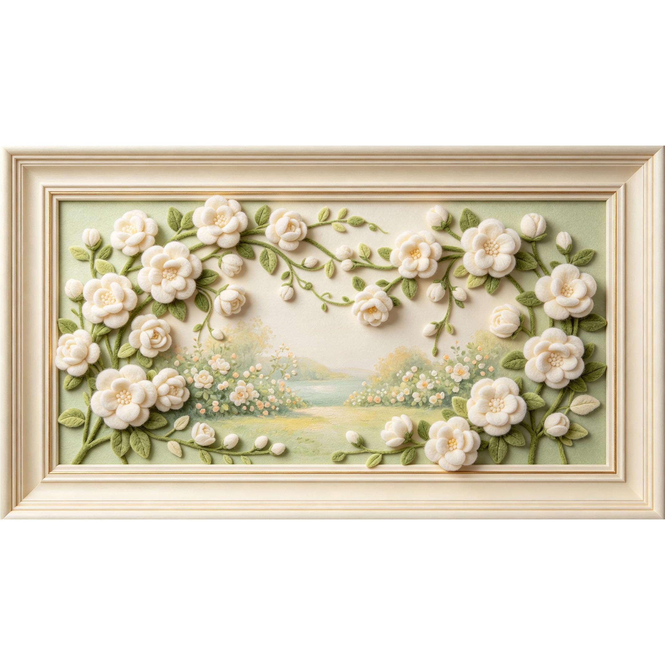 QZLITHOTIC 50×90cm3D Framed Wall Art， White Felt Flower Vine Botanical Texture SelfAdhesive Mural， WaterActivated Peel & Stick Fabric Decor Wall Decal for Bedroom Living Room