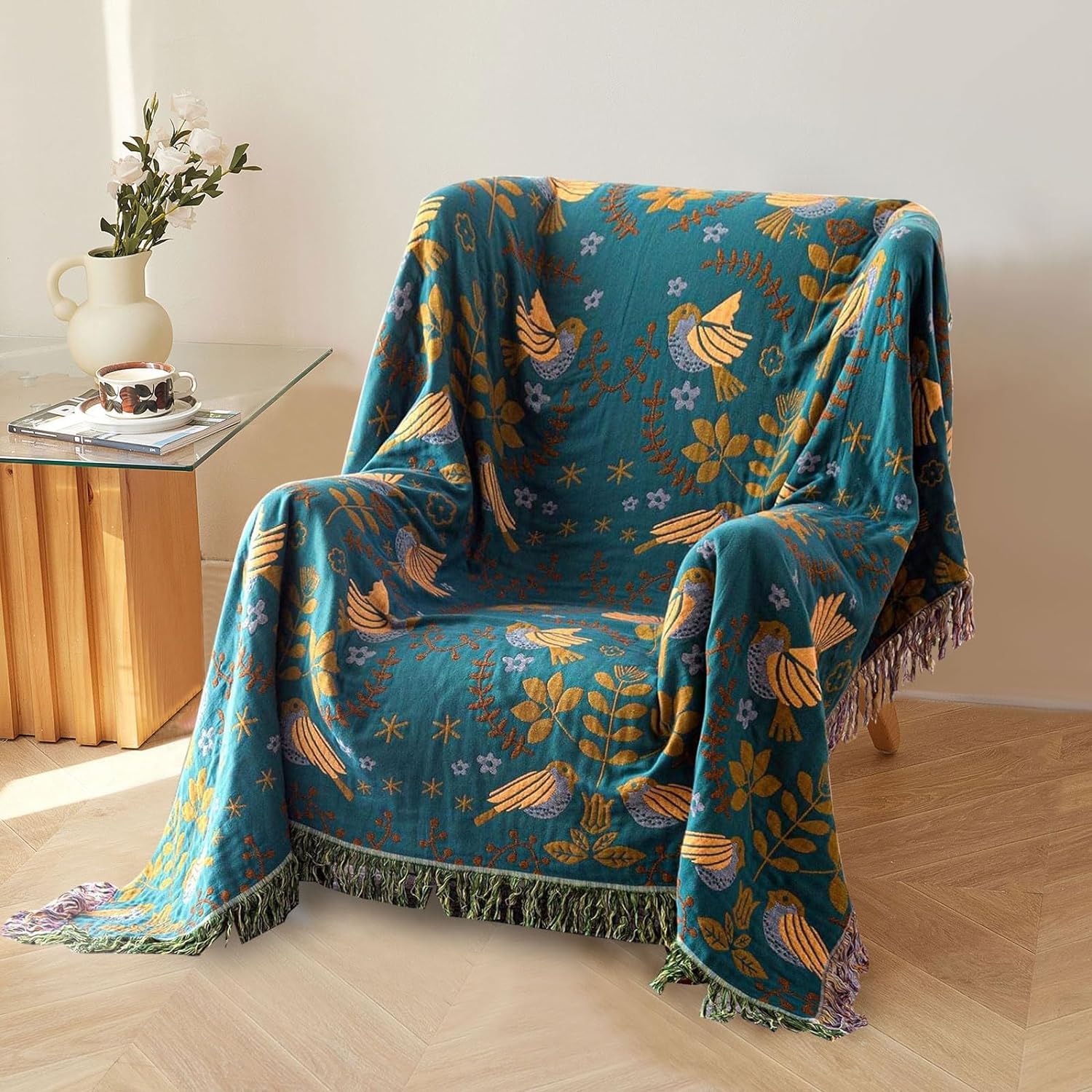 Boho-Überwurfdecke Aus 100% Baumwolle – Vintage Blumenmuster, 152x203 Cm, Super Weich & Warm Für Sofa, Bett & Picknick