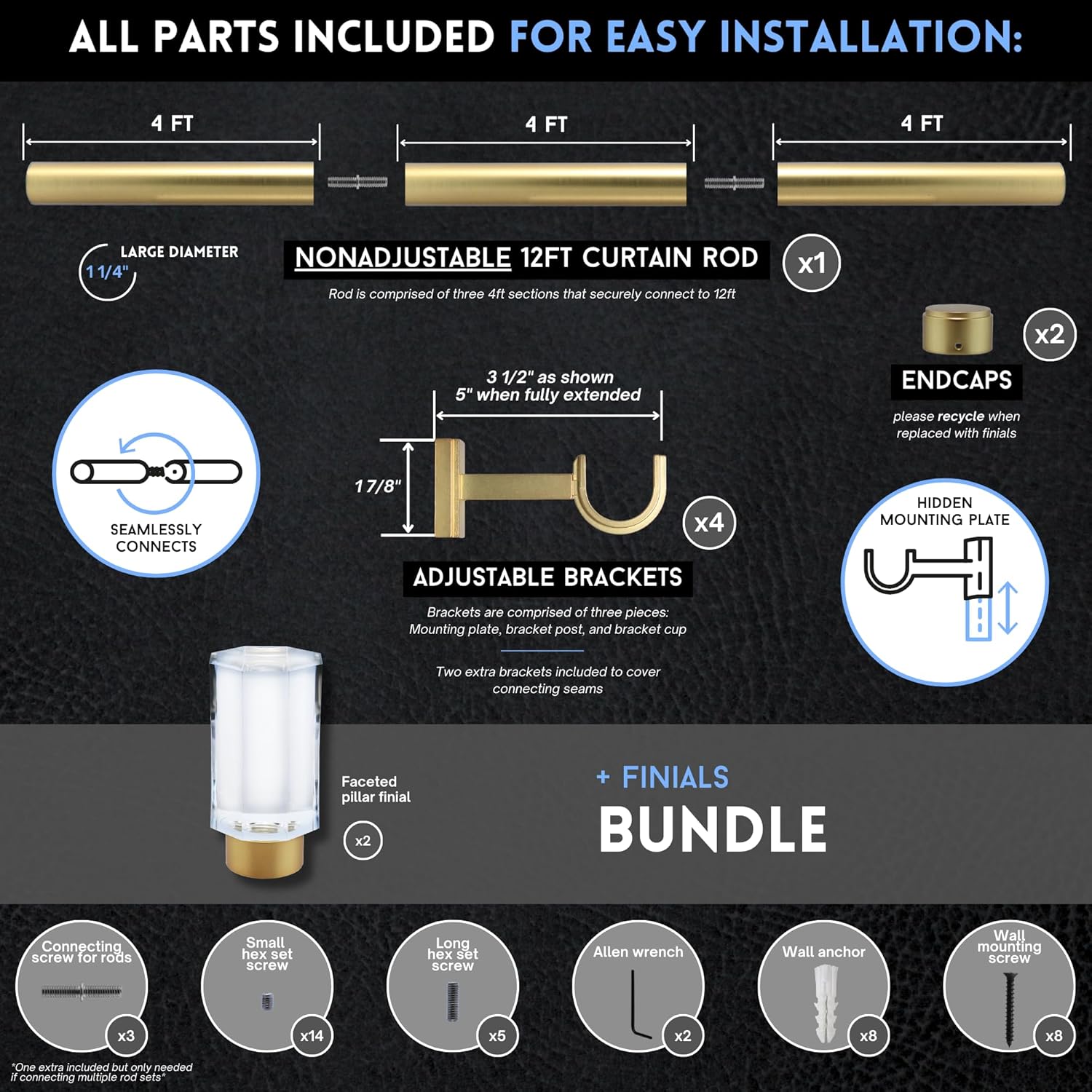 12 foot Custom Curtain Rod & Faceted Pillar Finials Bundle – Luxury Nonadjustable 1 ¼” Large Diameter with Designer Finials & Premium Mounting Brackets – Brushed Gold Finish