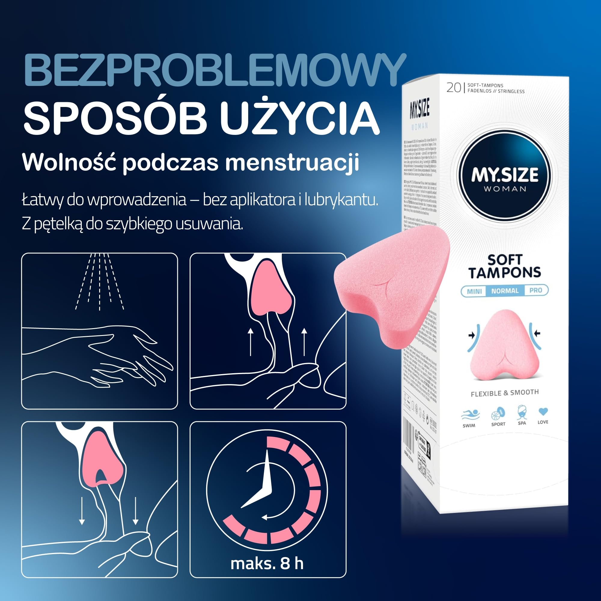 MY.SIZE Woman Soft Tampony NORMAL, 20 sztuk, tampony bez sznureczka do sportu, miłości i spa