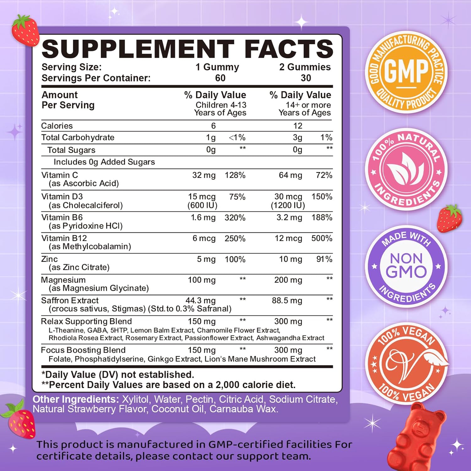 Saffron Gummies for Kids & Adults, 20-in-1 Saffron Supplements with 88.5mg Saffron Extract, B6, B12, C, D3, Magnesium for Calm, Focus, Nerve, Sugar Free, Vegan, Non-GMO - Strawberry Flavor, 60 Counts - Image 2