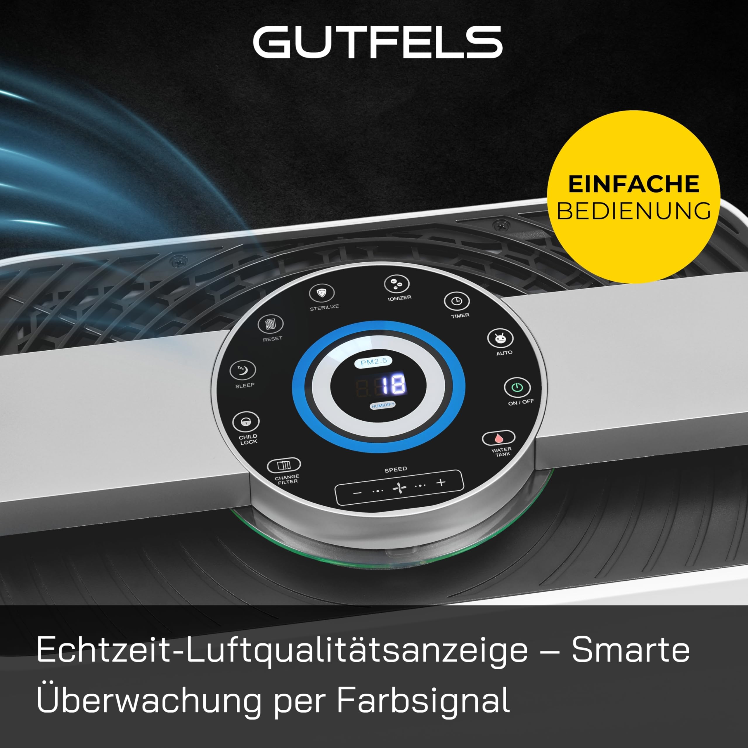 Luftreiniger und Luftbefeuchter 2-in-1, HEPA-14, UV-C | 7-Fach-Filtration, 488 m³/h CADR, bis 70 m², 1,7-L-Tank, Fernbedienung, leise 18–55 dB