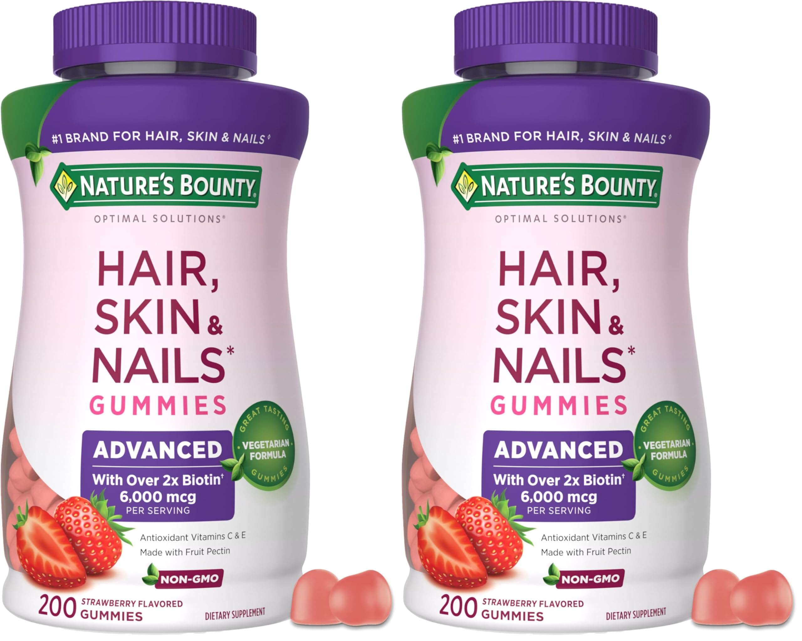 Nature's Bounty Optimal Solutions Advanced Hair, Skin and Nails Pectin Gummies, 2X Biotin Per Serving, No Stick Gummy, Vegetarian Formula, Strawberry Flavor, 200 ct, 100 Servings, (Pack of 2) 200 Count (Pack of 2)