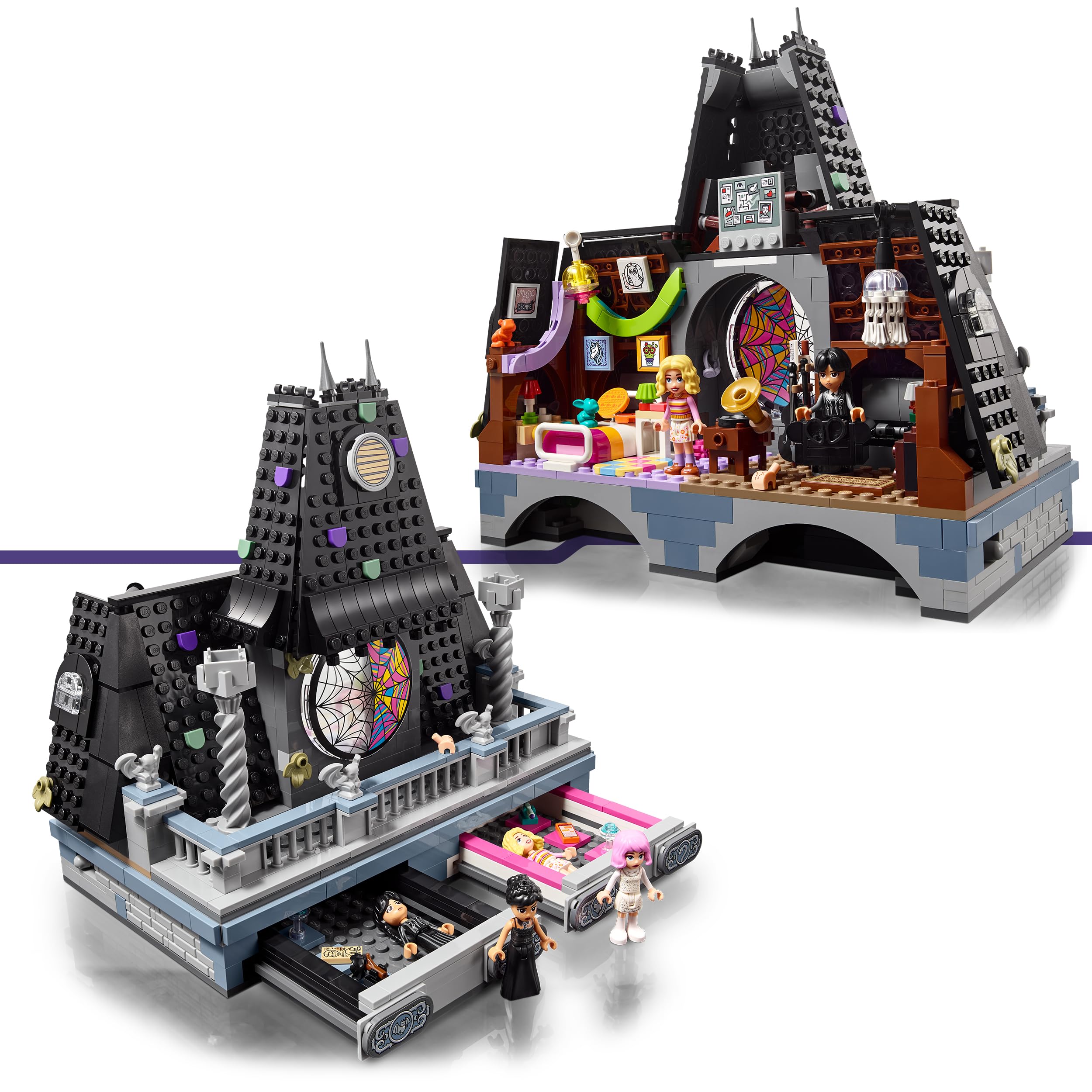 LEGO Pokój Wednesday i Enid, Kolekcjonerska Zabawka dla Dziecka do Zbudowania, Kreatywny Zestaw dla Dzieci z 4 Minilaleczkami, Pomysł na Prezent dla 10-latki, dla Dziewczynek i dla Chłopców, 76781
