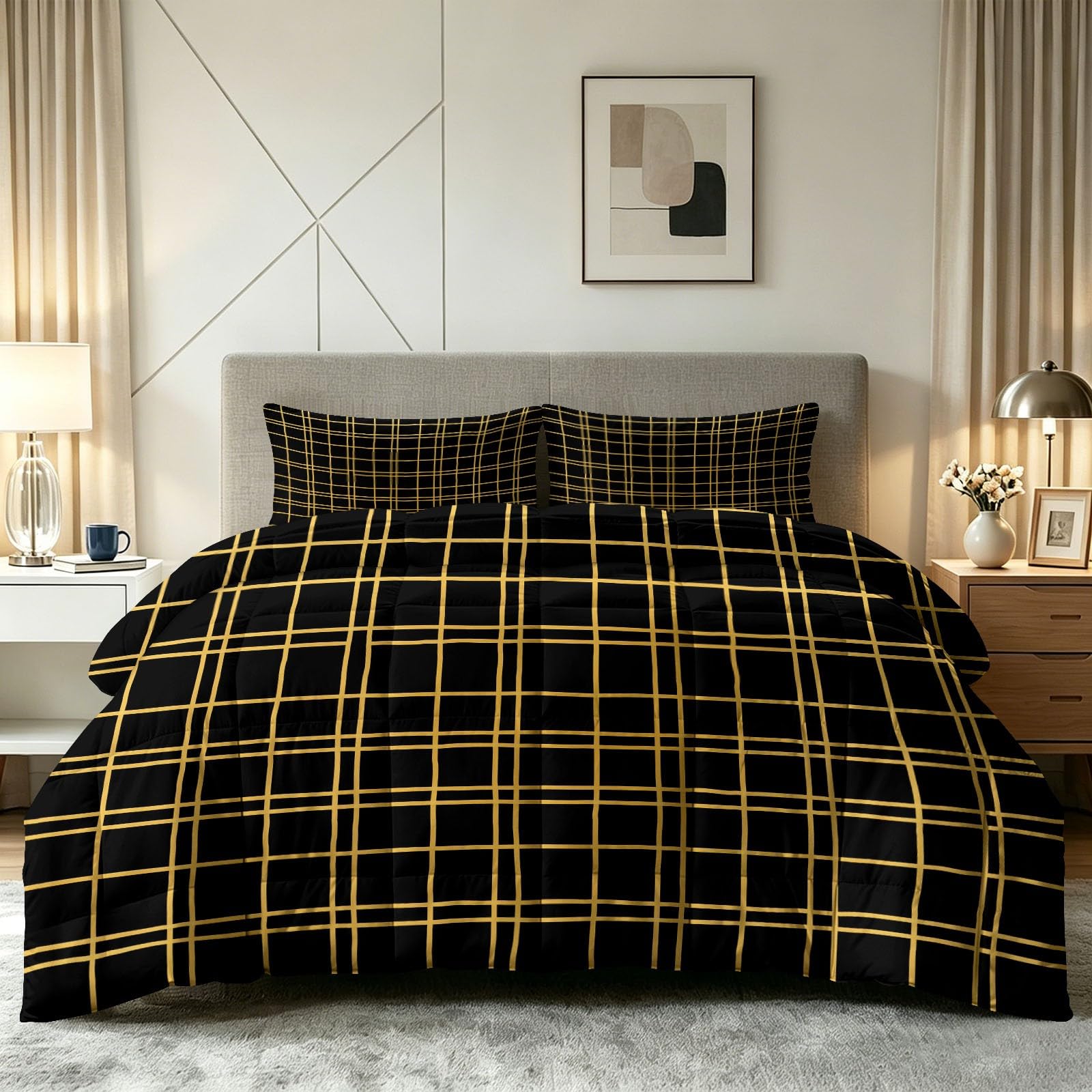 Couette imprimée 140x200 cm avec édredon géométrique réversible et parure de lit complète