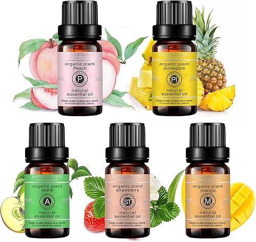 Juego de aceites esenciales orgánicos puros de 5 x 0.3 fl oz, melocotón, piña, fresa, mango, manzana para aromaterapia, sueño, masaje, cuidado de la