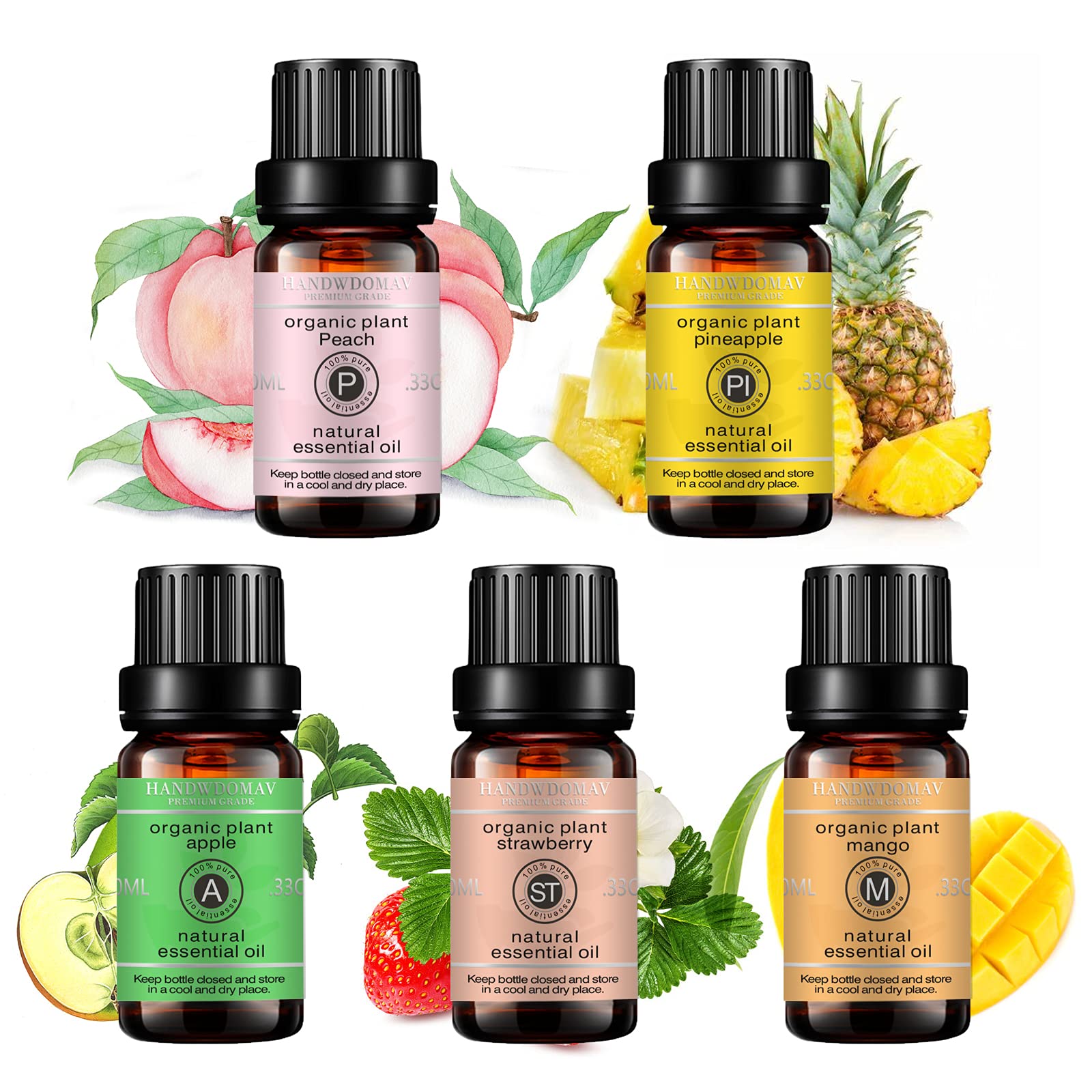 Hanswdomav 5x10ML Pure Organic Essential Oil Set - Peach, Pineapple, Strawberry, Mango, Apple for Aromatherapy, Sleep, Massage, Skin/Hair Care, DIY