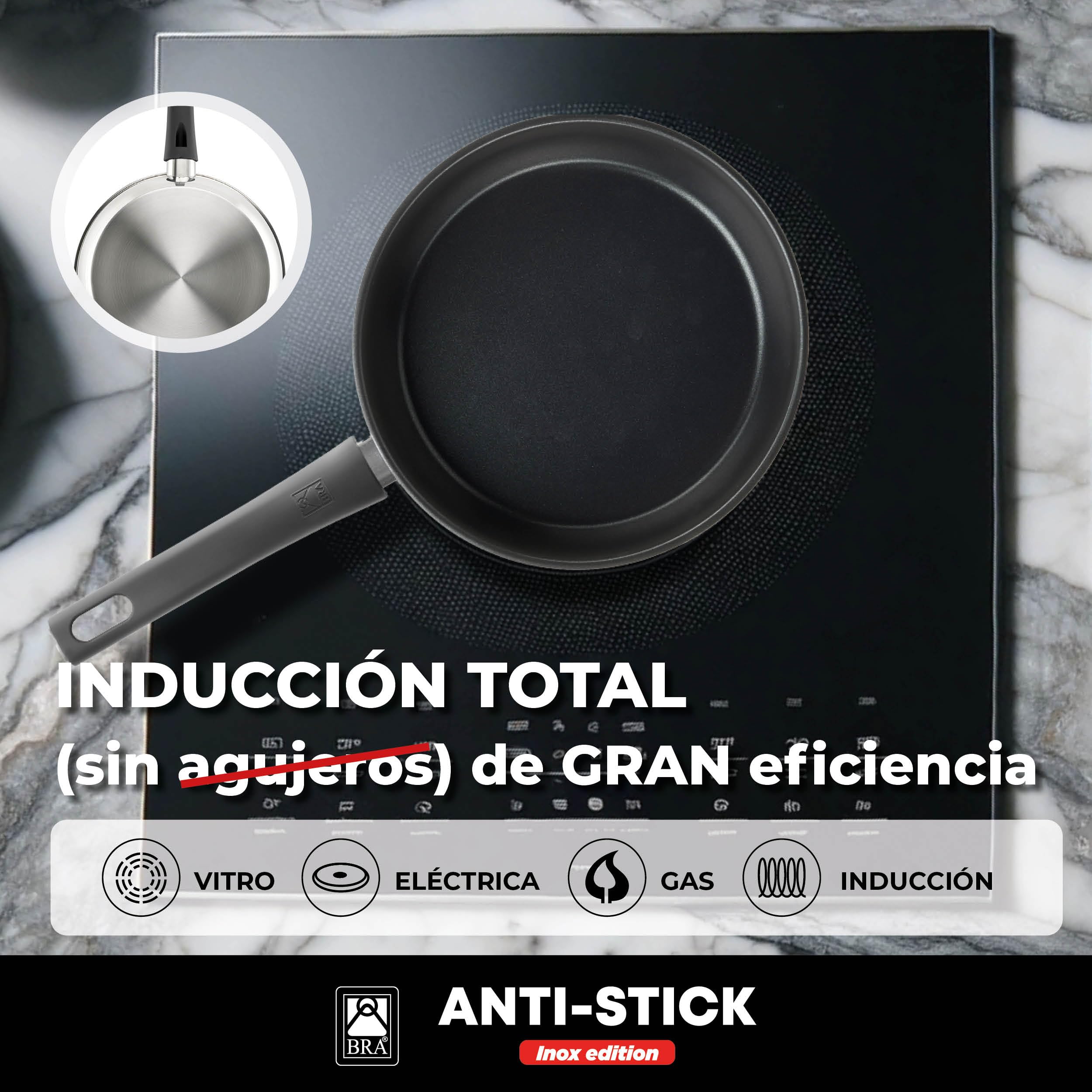 BRA Antistick Inox | Set 3 sartenes 18/22/26 cm, aluminio forjado reciclado con antiadherente de titanio y superficie MetalTec, aptas para todo tipo de cocinas, incluida inducción