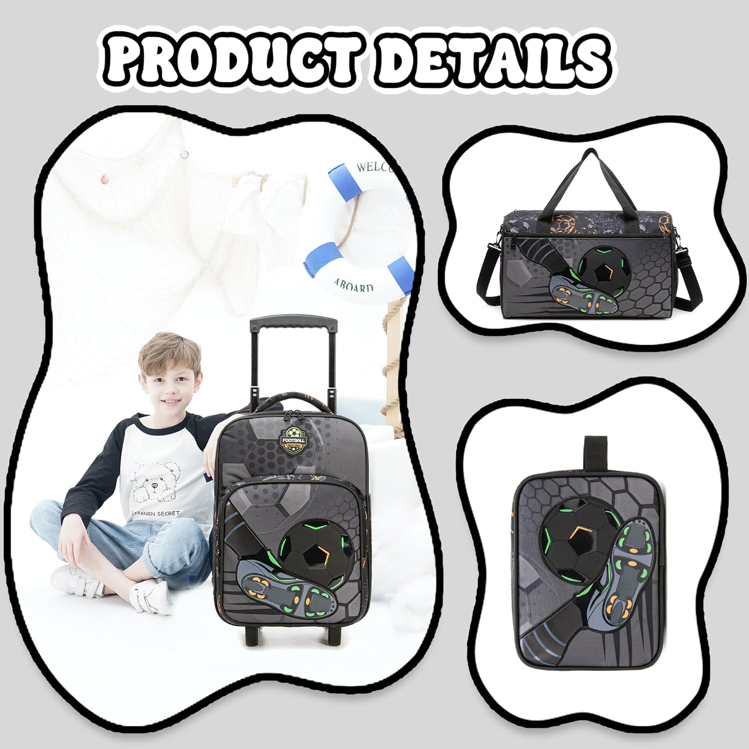 Kids Football Luggage with Wheels Suitcases Travel Softside Suitcases 16" Carry on Suitcase with Duffle Bag Luggage Sets Airline Approved