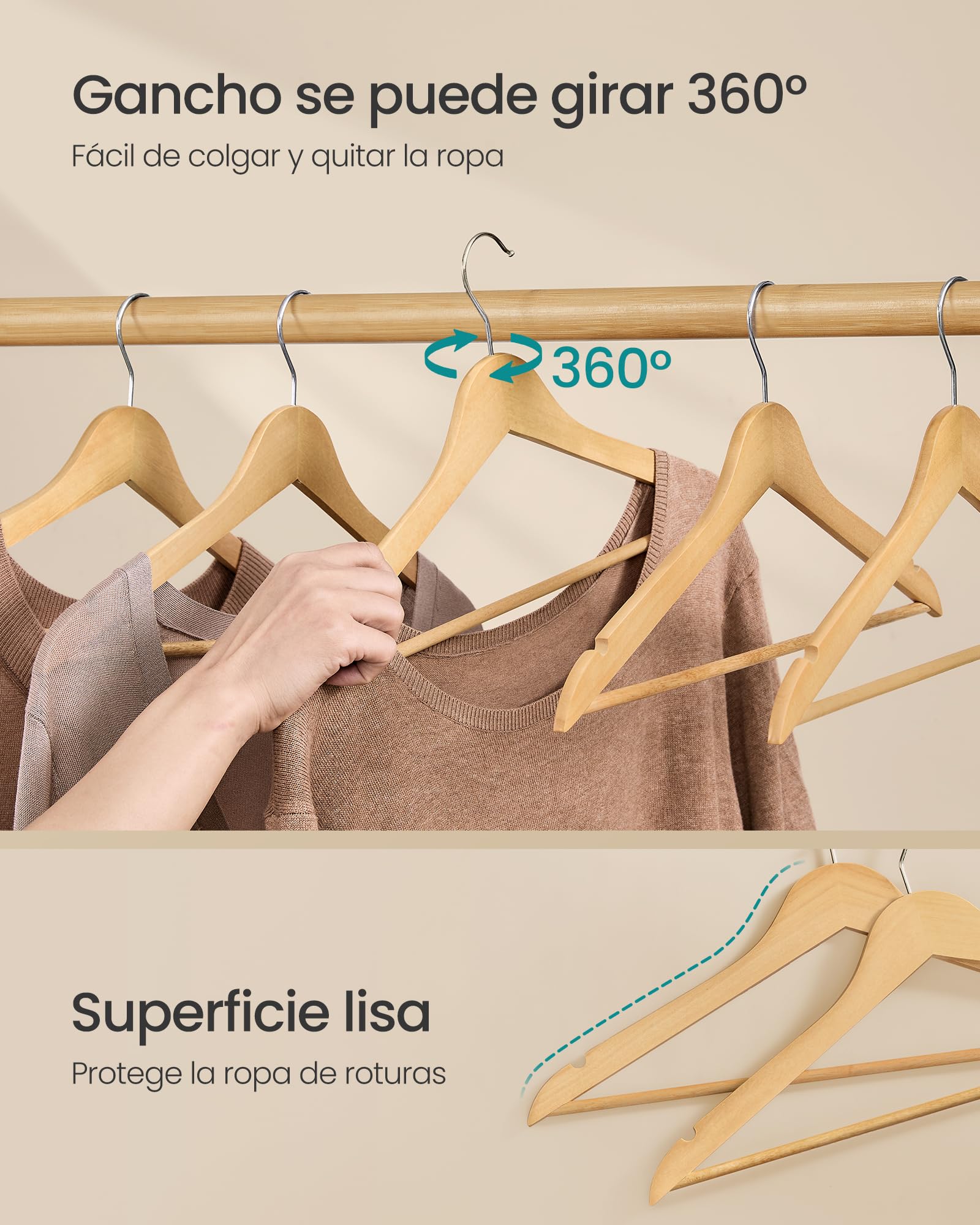 SONGMICS Percha de Madera, Juego de 10, Delgada, Muescas en Hombros, Percha para Pantalones, Gancho Giratorio 360°, Ahorra Espacio, Madera de Abedul, Tirantes y Chaquetas, Beige Natural CRW035KZ01