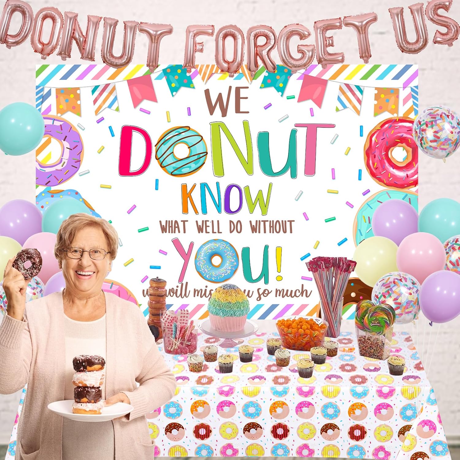 Donut Forget Us Away Party Decoration Donut Balloon Backdrop Banner Tablecloth Hanging Swirl for Retirement Farewell Party Career Change Bachelorette
