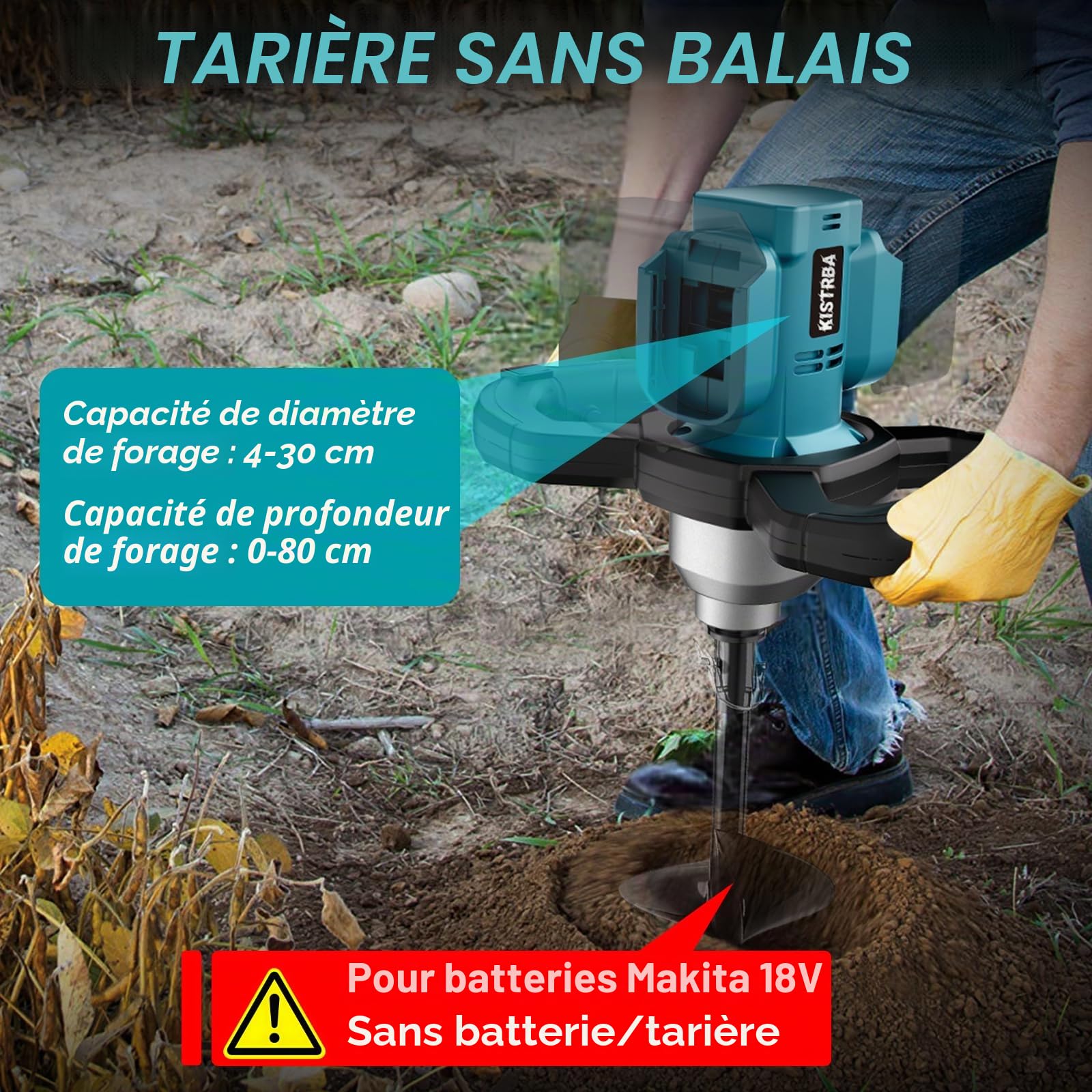 Tarière sans fil pour batterie Makita 18 V (sans batterie), perceuse électrique sans balais 1200 W, double connexion de batterie, convient pour tarière de 205 mm de diamètre (non incluse)