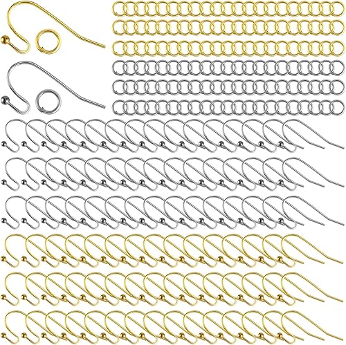 PAGOW 400 ganchos para aretes para hacer joyas, alambres hipoalergénicos para las orejas, ganchos de pez, extremo de bola con anillos de salto,