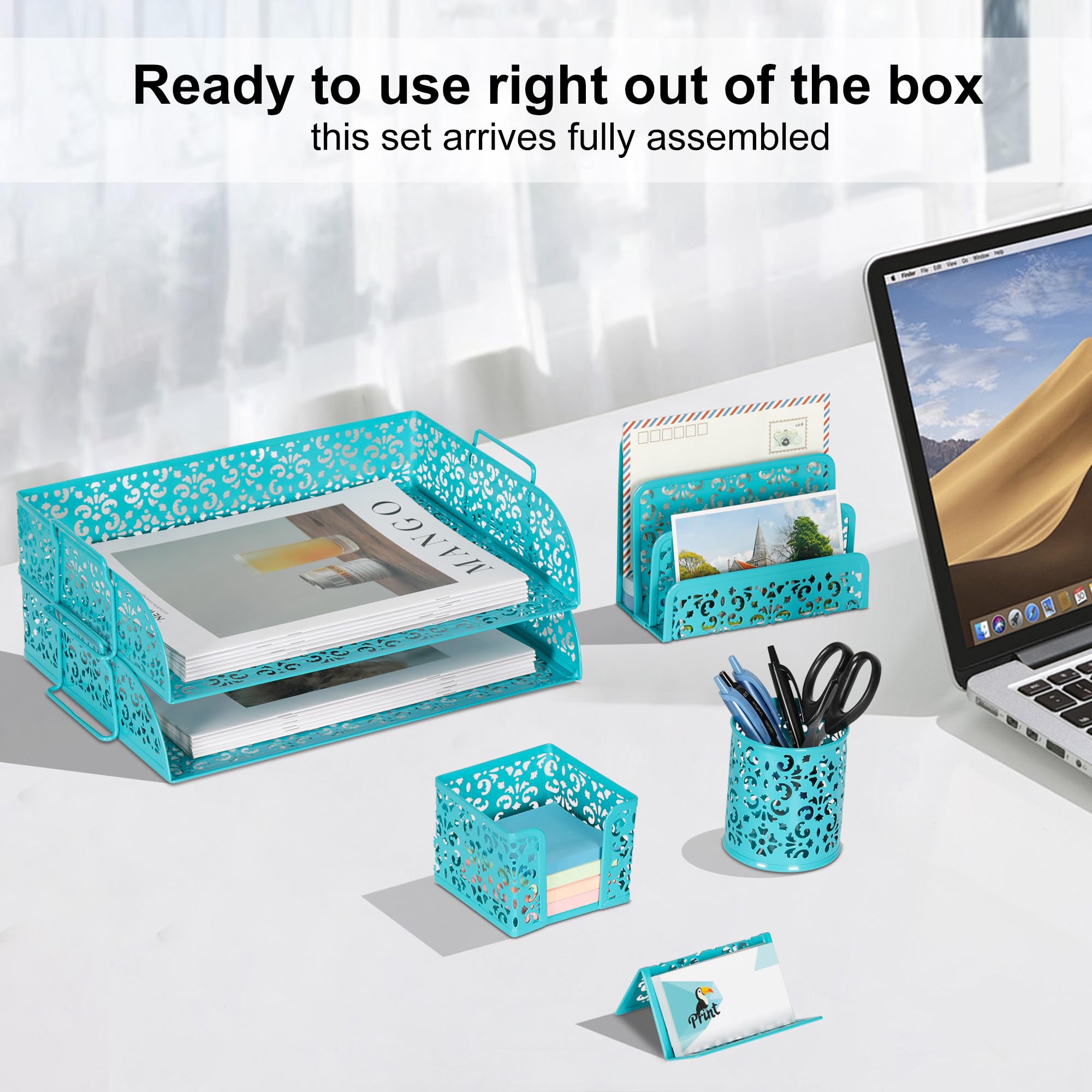 Easypag 5 in 1 organizer da scrivania set – 2 ripiani impilabili Desk Letter Tray, Letter Sorter, portapenne, porta biglietti da visita e stick note Holder Dark Teal