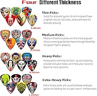 Vista 4 de Paquete de 24 púas de guitarra delgadas, medianas y pesadas con caja de lata, paquete variado de púas de bajo, púas de guitarra para guitarra