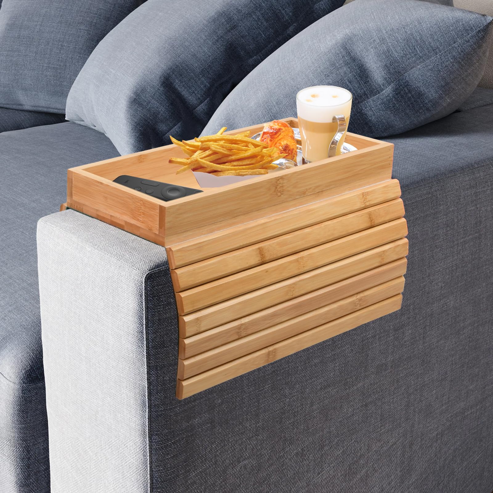 Granvoo Flexibles Sofatablett aus Bambus fr Armlehne, Rutschfestes Couch  Tablett, Faltbarer Sofa Armlehne Ablage fr Fernbedienung Snacks Handy  Getrnke Tasse : Amazon.de: Kche, Haushalt & Wohnen