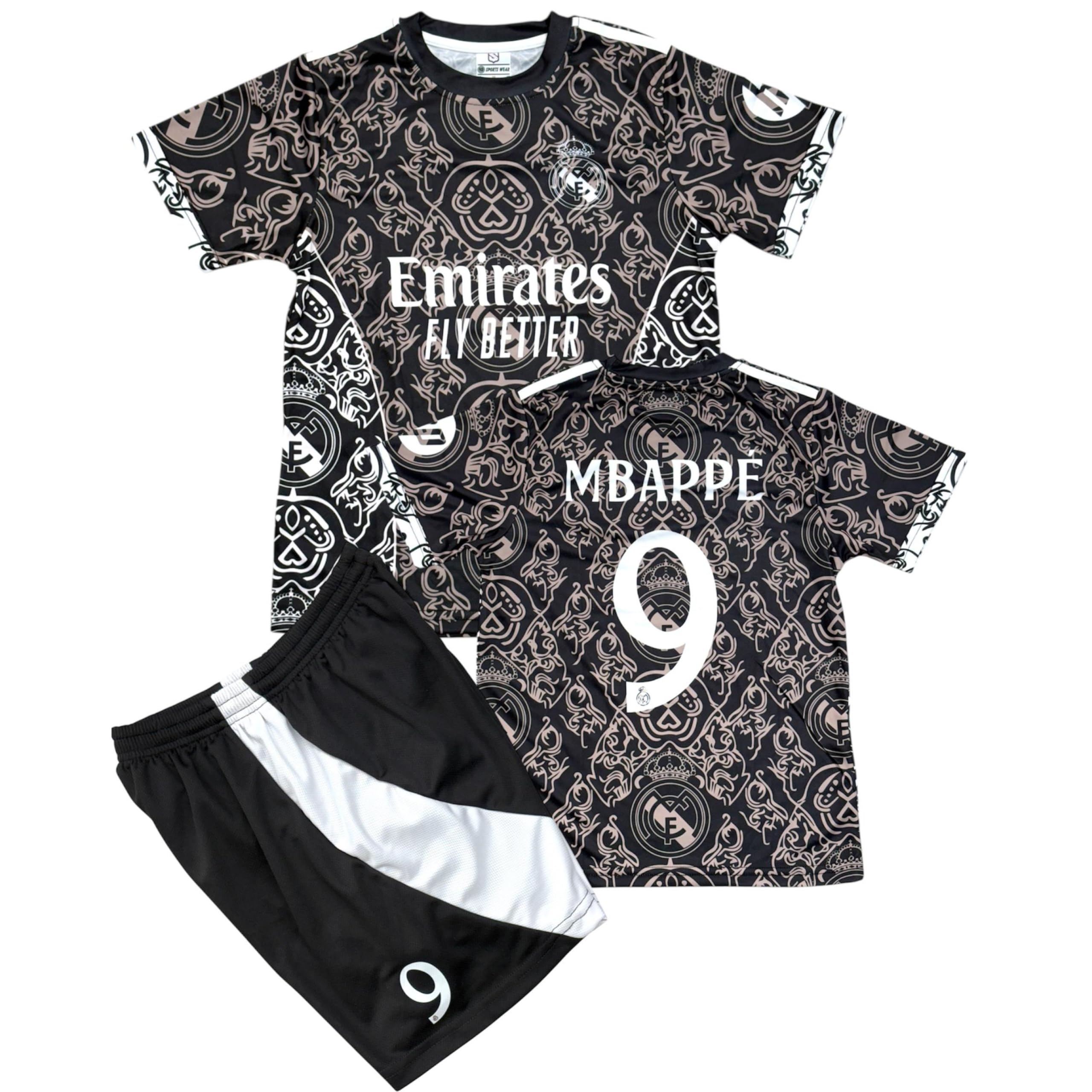 Madrid New Season MBAPPE #9 Inspired Football Jersey Fans Football Kit New Madrid Style kit with Shorts/Kids and Youth Size.. 12-13 Years BLACK
