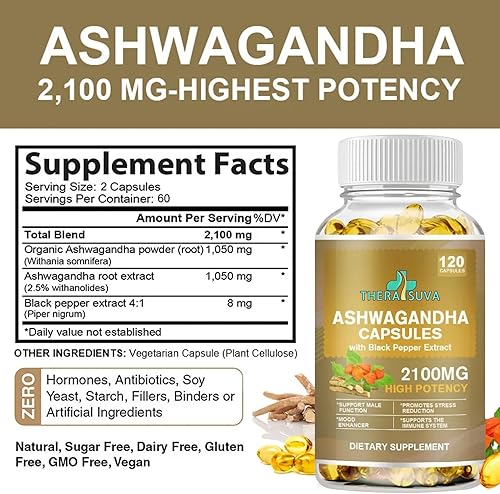 Miniatura 2 de Ashwagandha de potencia superior 2100 mg + extracto de pimienta negra 8 mg suplemento para alivio del estrés y apoyo inmunológico, 120 cápsulas de