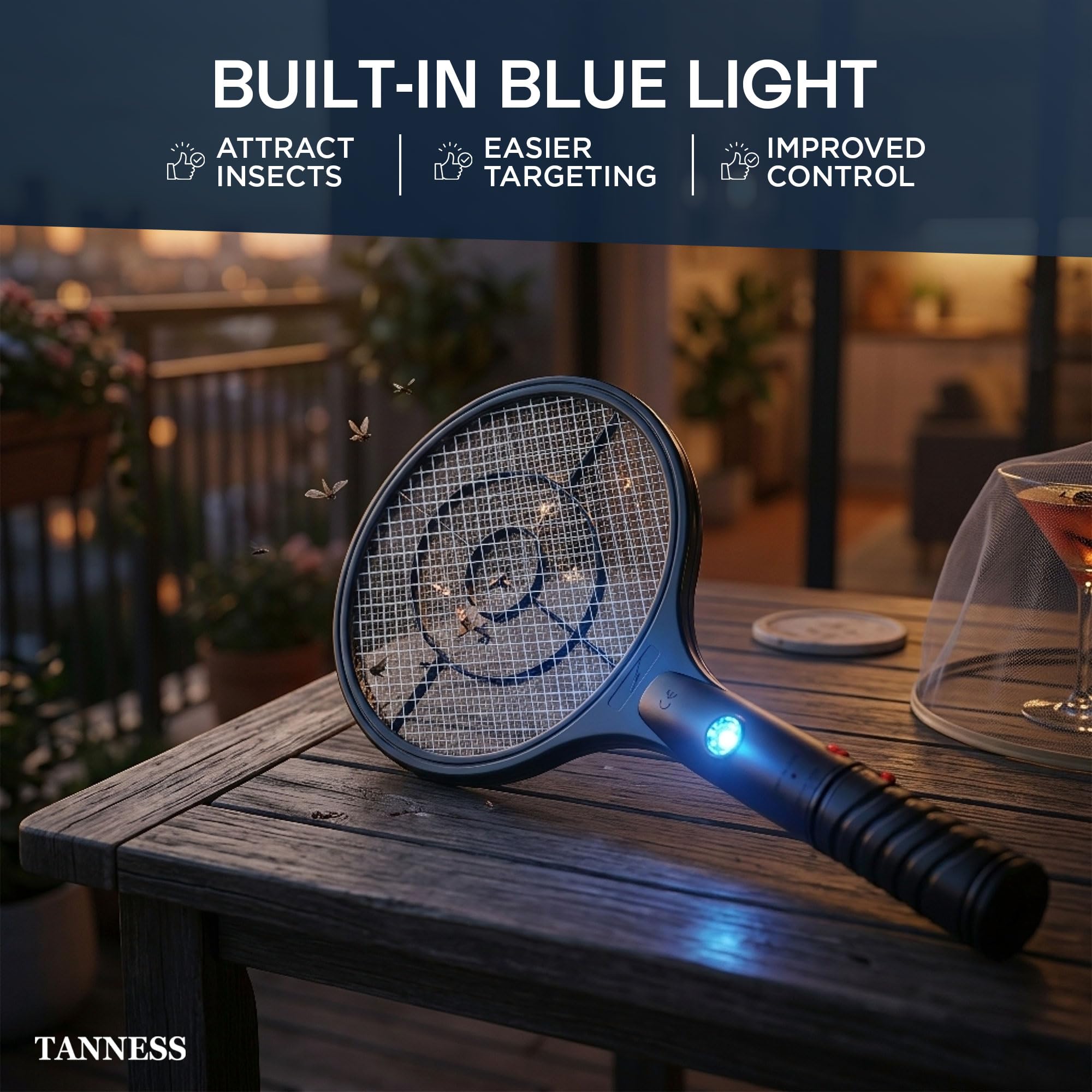 Tanness 1-Pack 3000V Rechargeable Electric Fly Zapper Racket, 22 x 50 cm, USB-C Charging, 4V 300mAh Battery, Indoor and Outdoor Use, 3-Layer Safety Mesh - 4