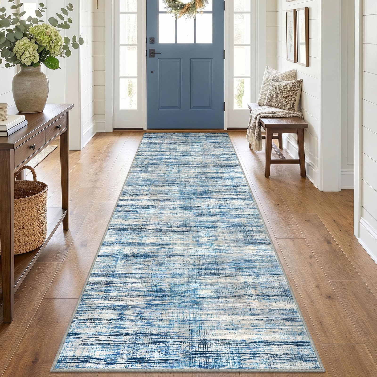 KOZYFLY 3x10 Runner Rug for Hallway Modern Washable Kitchen Rug Blue Beige — image 1