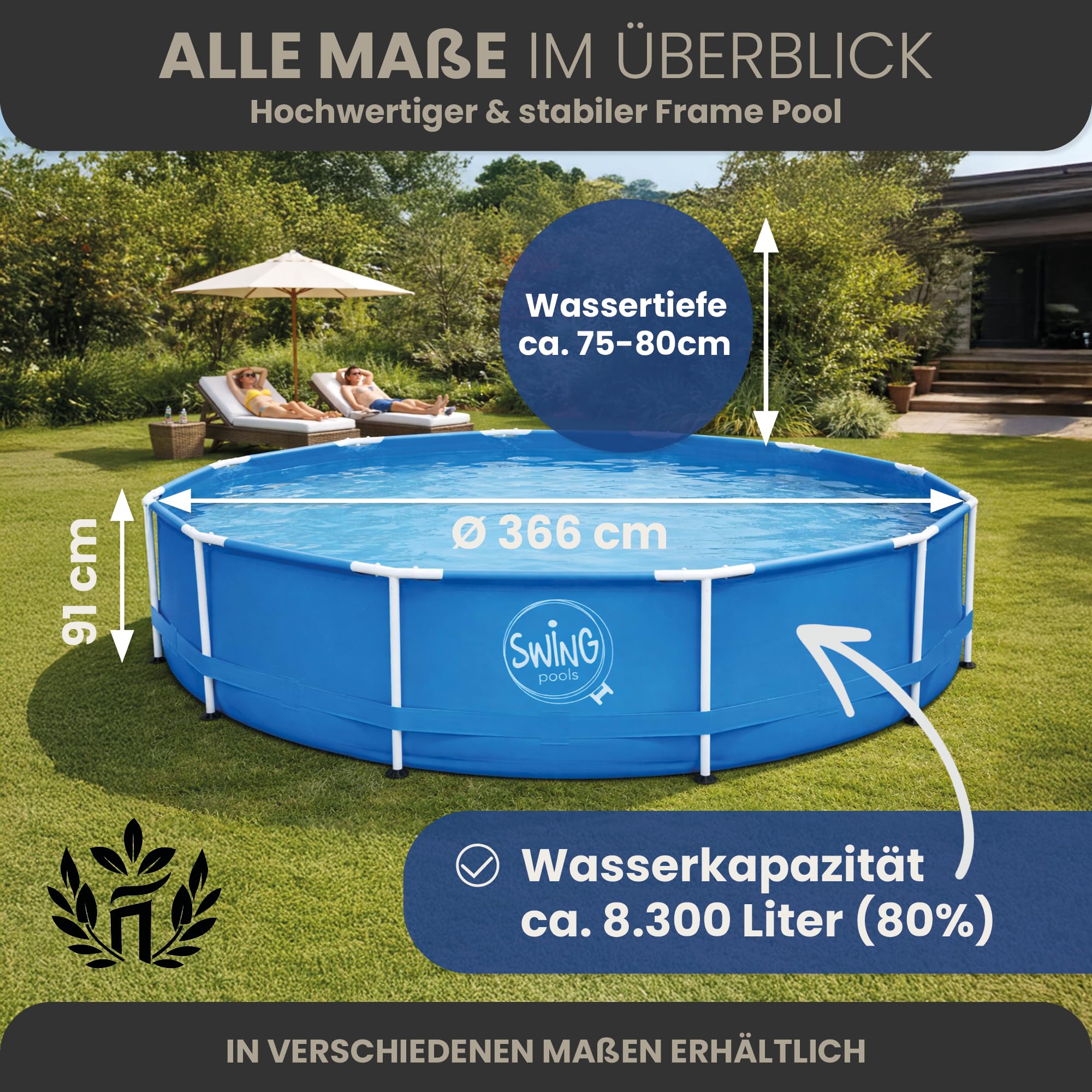 HAF® Swing Metal Frame Piscina con dimensioni 366 x 91 cm, effetto pietra naturale, capacità di circa 8.300 litri, piscina di alta qualità, piscina da giardino senza pompa filtro